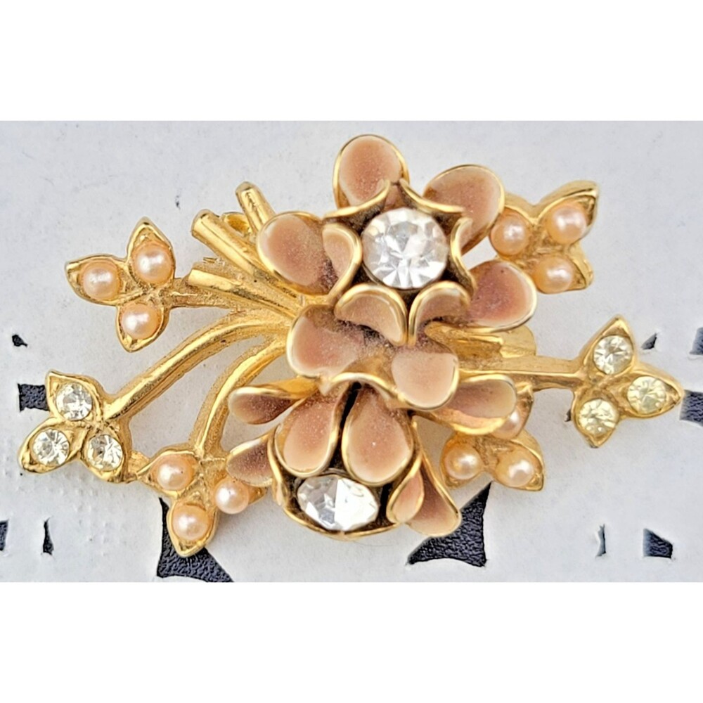 Coro? Vintage Taupe Enamel 💎 Rhinestone Seed Pearl 🪷Flower Brooch Pin 1.5"